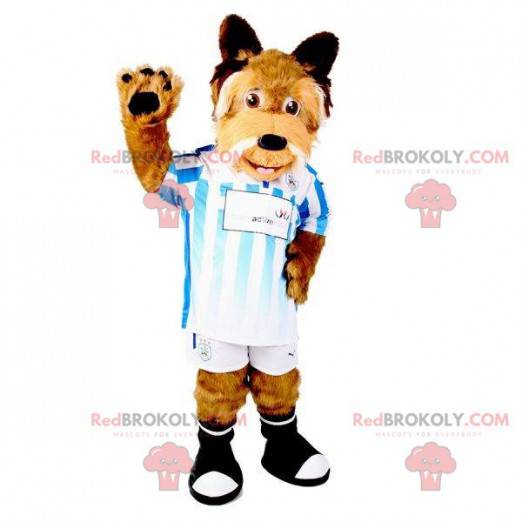 Braunes und weißes haariges und sportliches Hundemaskottchen -