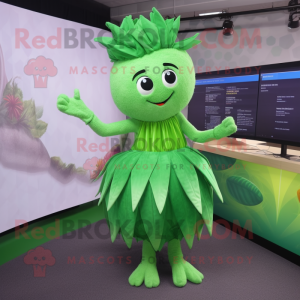 Green Onion mascot costume character dressed with a Midi Dress and Hair clips