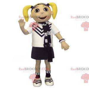 Blond meisje mascotte met dekbedden en een uniform -
