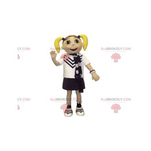 Blond meisje mascotte met dekbedden en een uniform -