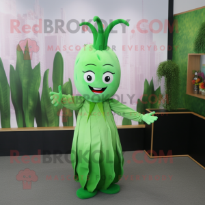 Green Onion mascot costume character dressed with a Midi Dress and Hair clips