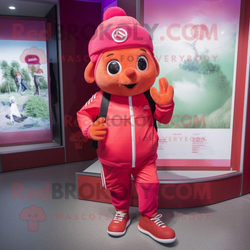 Red Pink mascot costume character dressed with a Windbreaker and Beanies Red Pink mascot costume character dressed with a Windbreaker and Beanies