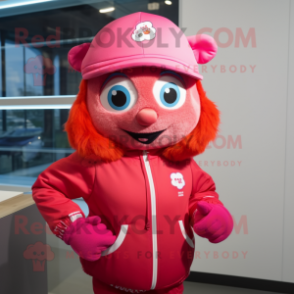 Red Pink mascot costume character dressed with a Windbreaker and Beanies