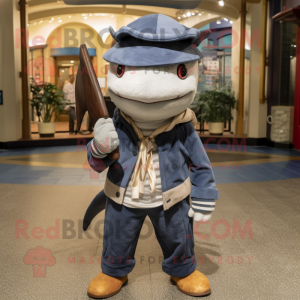 Navy Swordfish mascot costume character dressed with a Corduroy Pants and Scarves