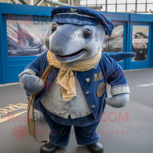 Navy Swordfish mascot costume character dressed with a Corduroy Pants and Scarves