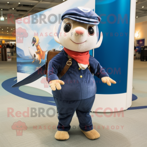 Navy Swordfish mascot costume character dressed with a Corduroy Pants and Scarves