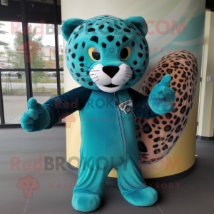 Teal Jaguar mascot costume character dressed with a Long Sleeve Tee and Hair clips
