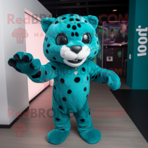 Teal Jaguar mascot costume character dressed with a Long Sleeve Tee and Hair clips