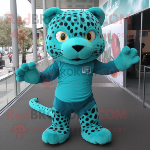 Teal Jaguar mascot costume character dressed with a Long Sleeve Tee and Hair clips