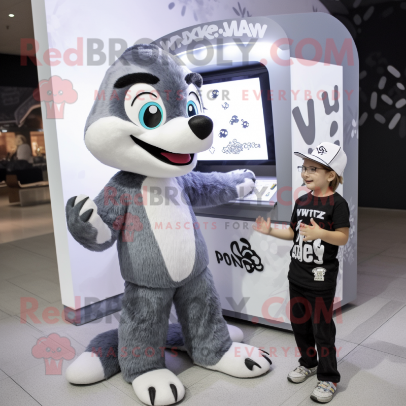 Silver Skunk mascot costume character dressed with a V-Neck Tee and Watches Silver Skunk mascot costume character dressed with a V-Neck Tee and Watches