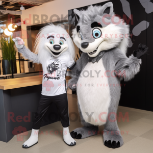 Silver Skunk mascot costume character dressed with a V-Neck Tee and Watches