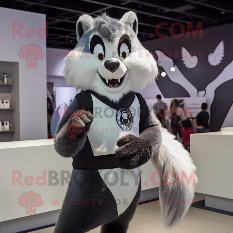 Silver Skunk mascot costume character dressed with a V-Neck Tee and Watches Silver Skunk mascot costume character dressed with a V-Neck Tee and Watches