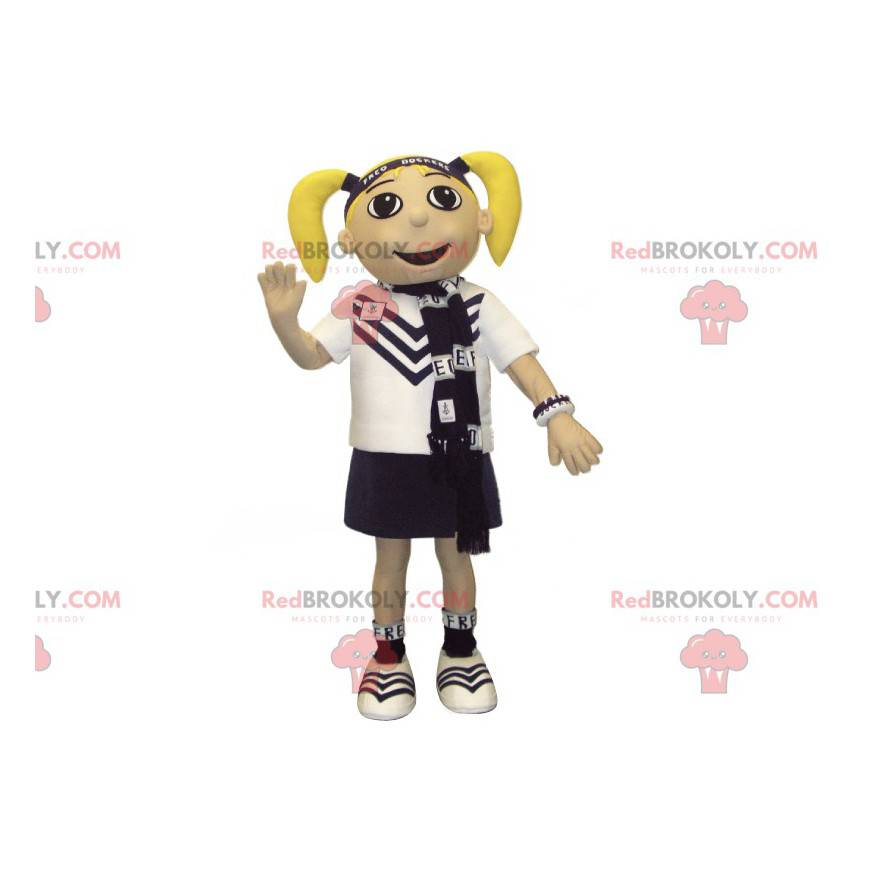 Blond meisje mascotte in schooluniform - Redbrokoly.com