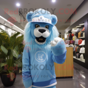 Sky Blue Lion mascot costume character dressed with a Long Sleeve Tee and Hats