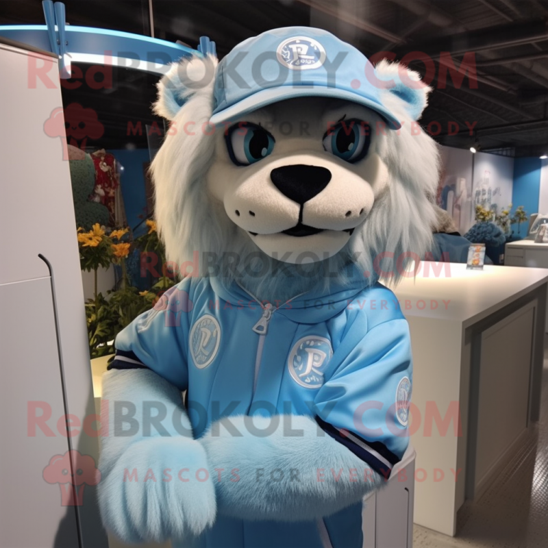 Sky Blue Lion mascot costume character dressed with a Long Sleeve Tee and Hats Sky Blue Lion mascot costume character dressed with a Long Sleeve Tee and Hats