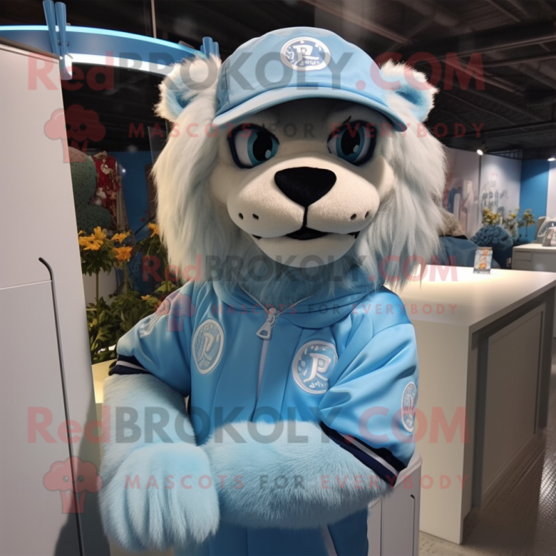 Sky Blue Lion mascot costume character dressed with a Long Sleeve Tee and Hats