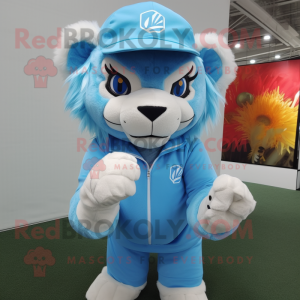 Sky Blue Lion mascot costume character dressed with a Long Sleeve Tee and Hats