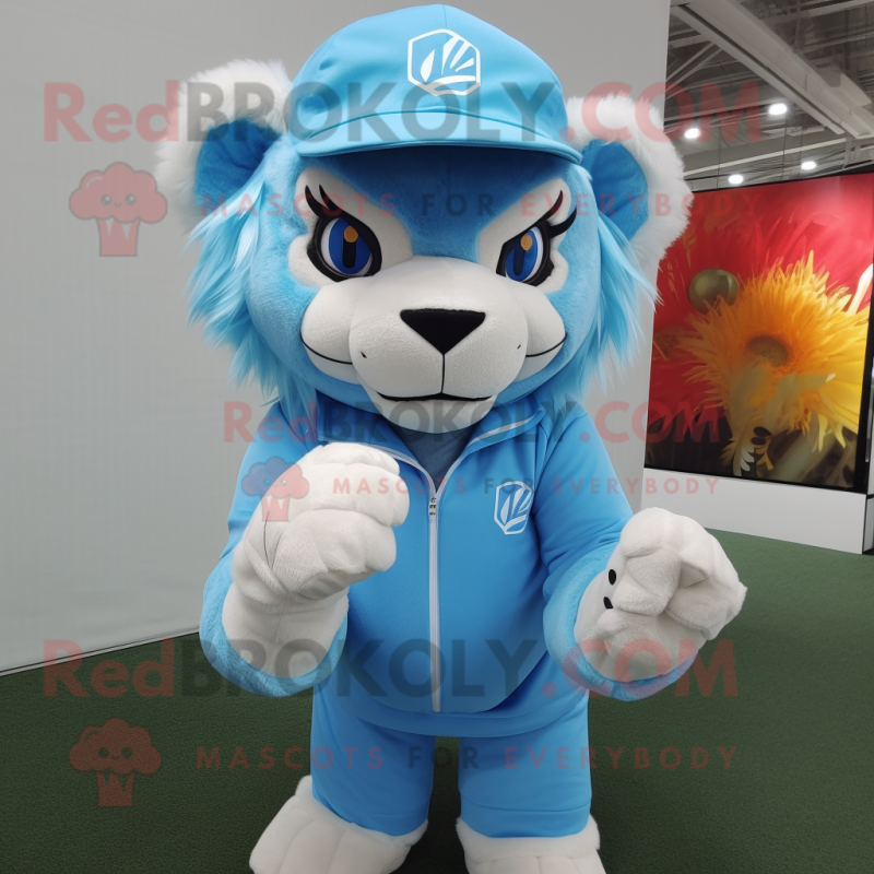 Sky Blue Lion mascot costume character dressed with a Long Sleeve Tee and Hats Sky Blue Lion mascot costume character dressed with a Long Sleeve Tee and Hats