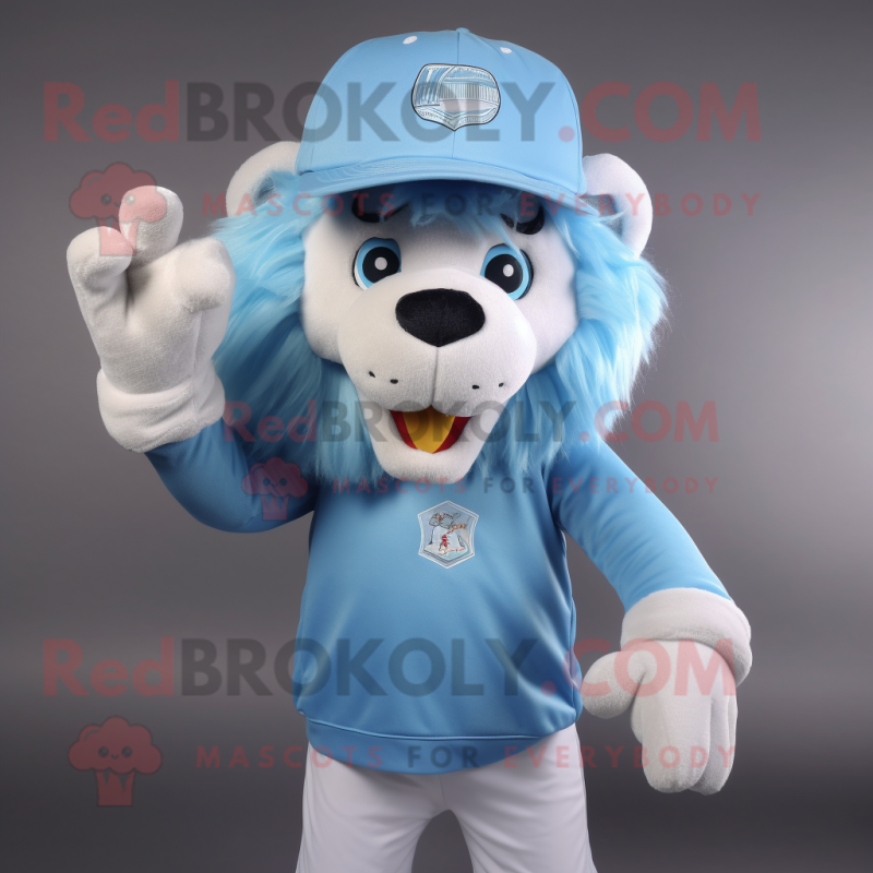 Sky Blue Lion mascot costume character dressed with a Long Sleeve Tee and Hats Sky Blue Lion mascot costume character dressed with a Long Sleeve Tee and Hats