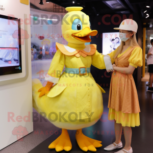 Lemon Yellow Muscovy Duck mascot costume character dressed with a Mini Dress and Watches