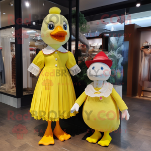 Lemon Yellow Muscovy Duck mascot costume character dressed with a Mini Dress and Watches