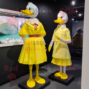 Lemon Yellow Muscovy Duck mascot costume character dressed with a Mini Dress and Watches