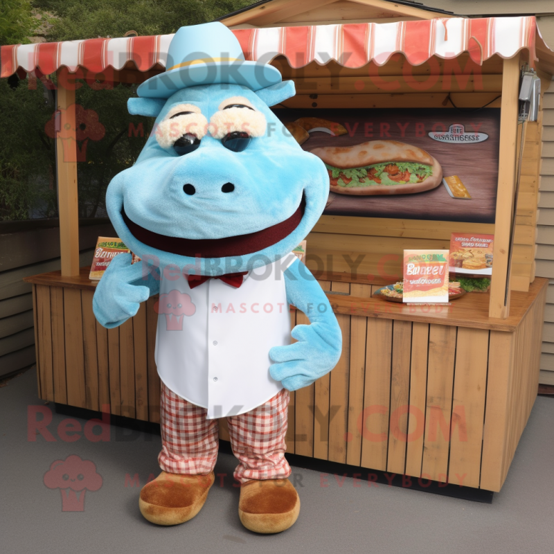 Cyan Pulled Pork Sandwich mascot costume character dressed with a Henley Shirt and Tie pins