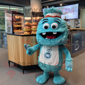 Cyan Pulled Pork Sandwich mascot costume character dressed with a Henley Shirt and Tie pins