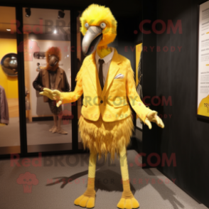 Yellow Ostrich mascot costume character dressed with a Trousers and Brooches