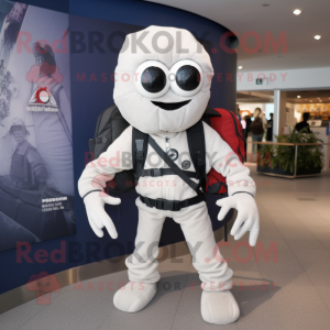 White Spider mascot costume character dressed with a Bomber Jacket and Backpacks