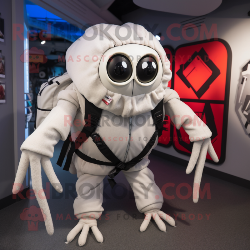 White Spider mascot costume character dressed with a Bomber Jacket and Backpacks