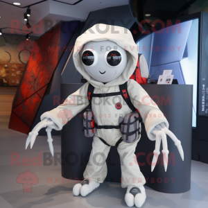 White Spider mascot costume character dressed with a Bomber Jacket and Backpacks