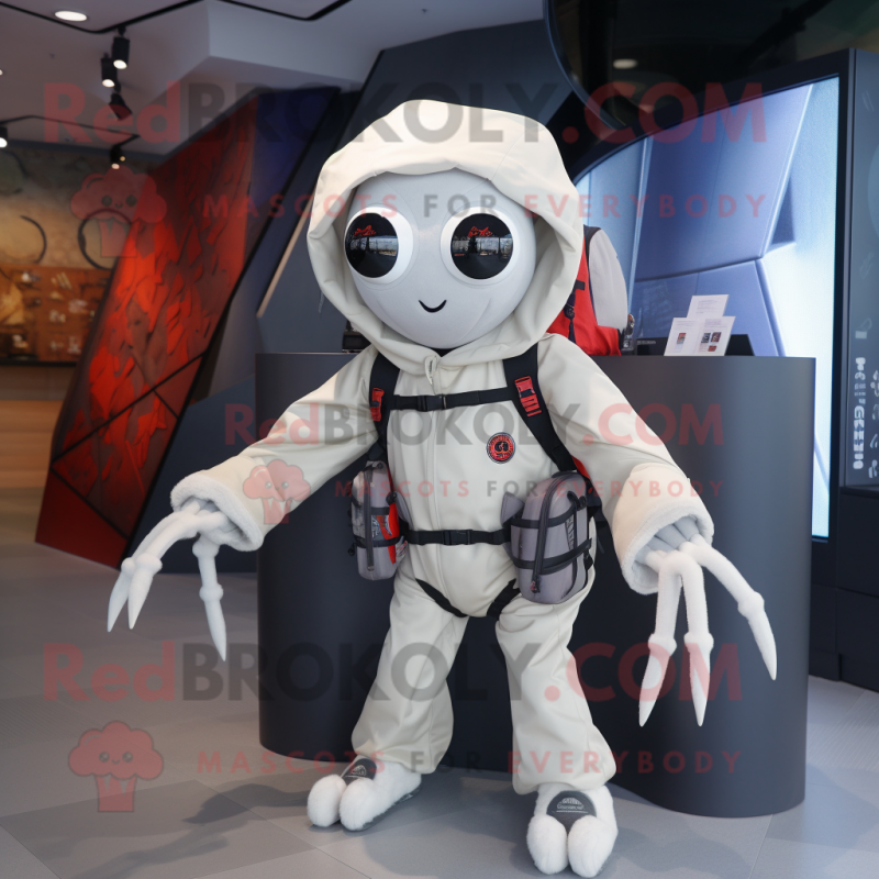 White Spider mascot costume character dressed with a Bomber Jacket and Backpacks White Spider mascot costume character dressed with a Bomber Jacket and Backpacks