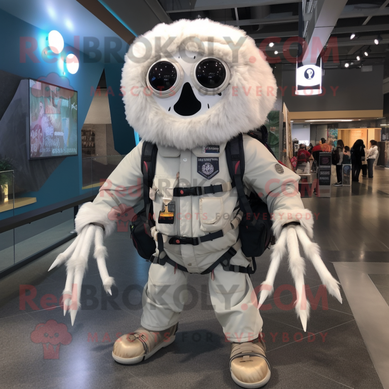 White Spider mascot costume character dressed with a Bomber Jacket and Backpacks