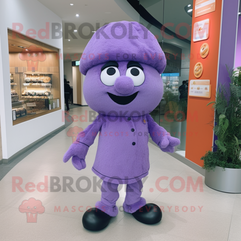 Lavender Meatballs mascot costume character dressed with a Trousers and Berets Lavender Meatballs mascot costume character dressed with a Trousers and Berets
