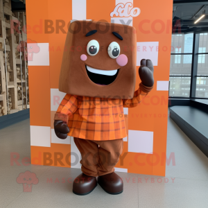 Orange Chocolate Bar mascot costume character dressed with a Flannel Shirt and Shoe clips