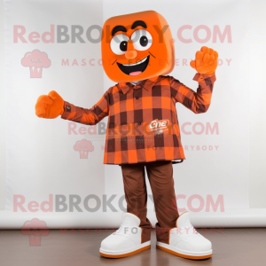 Orange Chocolate Bar mascot costume character dressed with a Flannel Shirt and Shoe clips