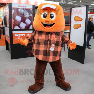Orange Chocolate Bar mascot costume character dressed with a Flannel Shirt and Shoe clips