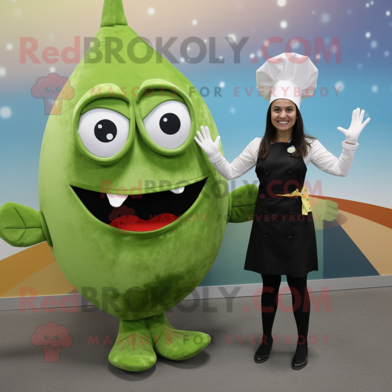 Olive Fish Tacos mascot costume character dressed with a Sheath Dress and Gloves Olive Fish Tacos mascot costume character dressed with a Sheath Dress and Gloves