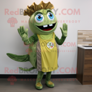 Olive Fish Tacos mascot costume character dressed with a Sheath Dress and Gloves