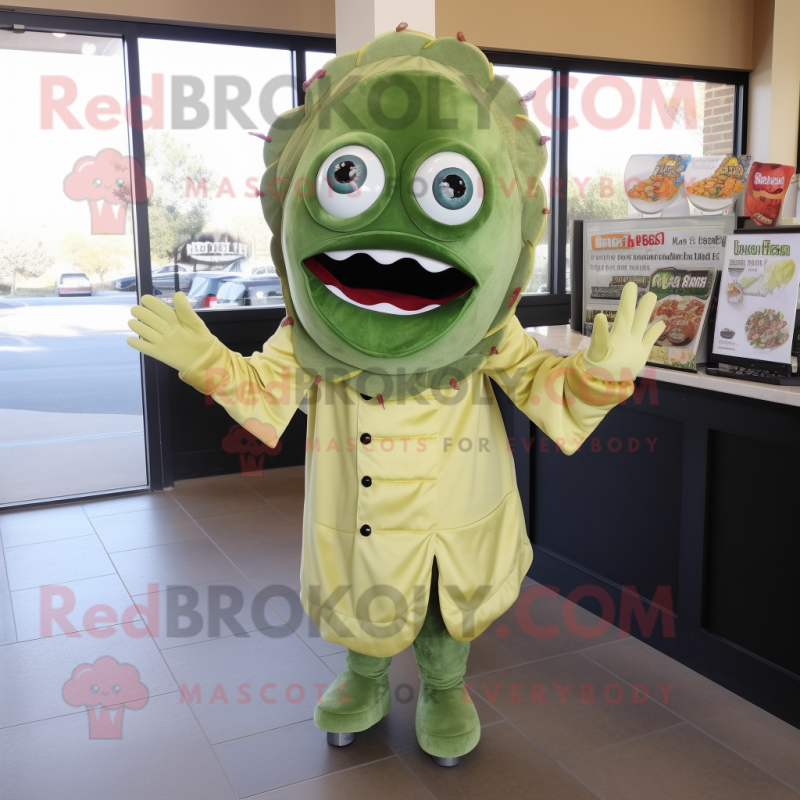 Olive Fish Tacos mascot costume character dressed with a Sheath Dress and Gloves Olive Fish Tacos mascot costume character dressed with a Sheath Dress and Gloves