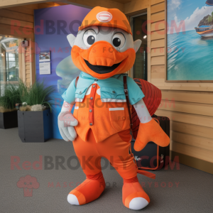Orange Salmon mascot costume character dressed with a Bermuda Shorts and Belts