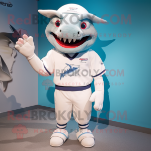 White Tuna mascot costume character dressed with a Rugby Shirt and Caps