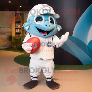 White Tuna mascot costume character dressed with a Rugby Shirt and Caps