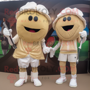 Beige Tennis Racket mascot costume character dressed with a Corduroy Pants and Cummerbunds