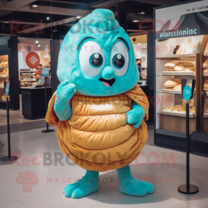 Turquoise Croissant mascot costume character dressed with a Shift Dress and Backpacks