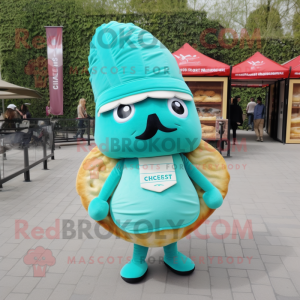 Turquoise Croissant mascot costume character dressed with a Shift Dress and Backpacks