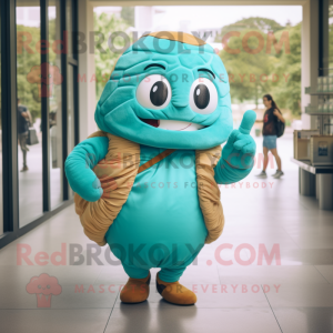 Turquoise Croissant mascot costume character dressed with a Shift Dress and Backpacks