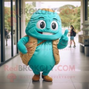 Turquoise Croissant mascot costume character dressed with a Shift Dress and Backpacks