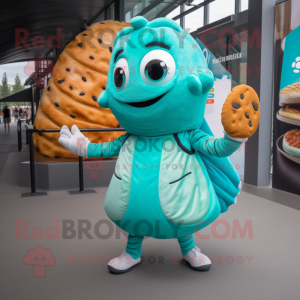 Turquoise Croissant mascot costume character dressed with a Shift Dress and Backpacks